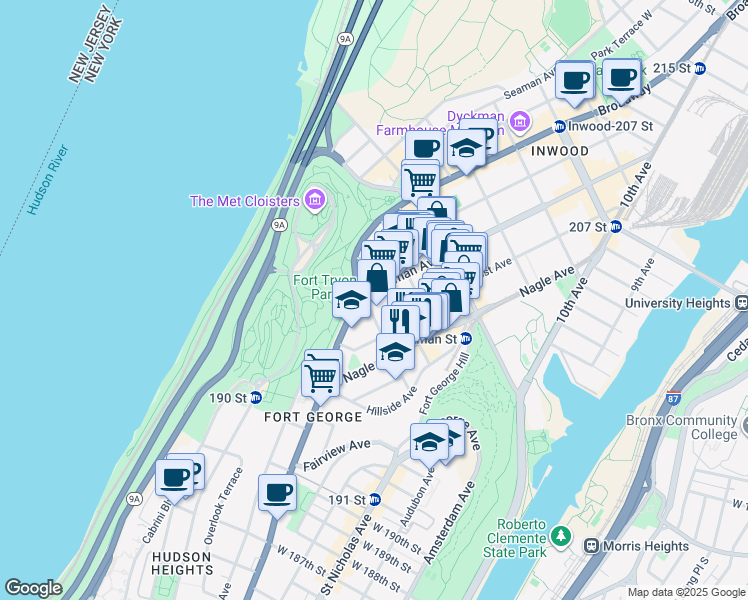 map of restaurants, bars, coffee shops, grocery stores, and more near 111 Ellwood Street in New York