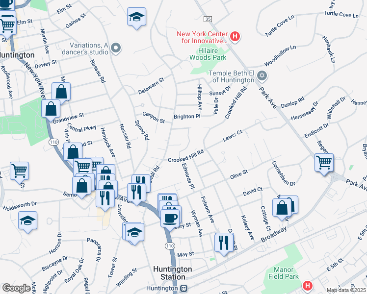 map of restaurants, bars, coffee shops, grocery stores, and more near 35 Crooked Hill Road in Huntington
