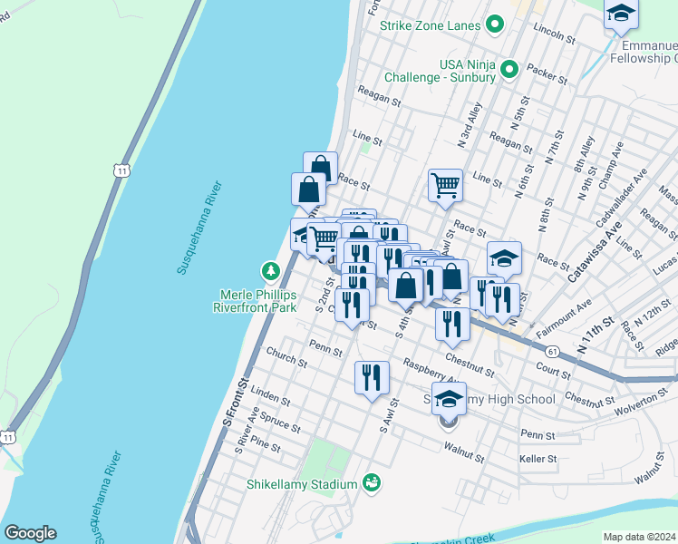 map of restaurants, bars, coffee shops, grocery stores, and more near 207 Market Street in Sunbury