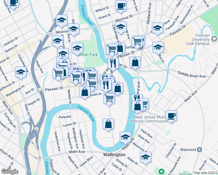 map of restaurants, bars, coffee shops, grocery stores, and more near 163 8th Street in Passaic