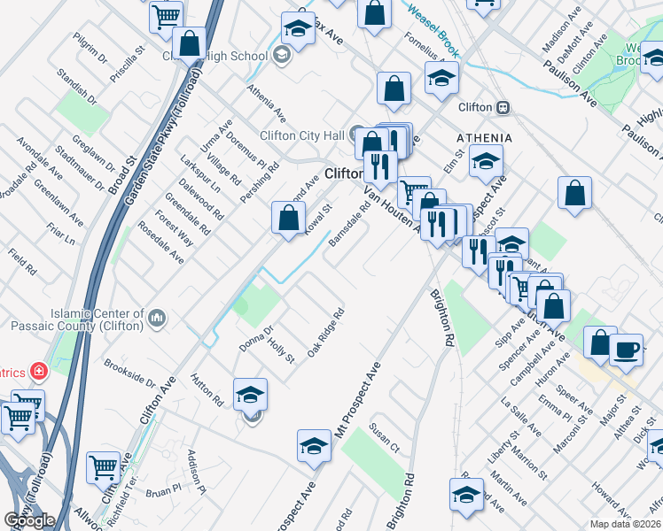 map of restaurants, bars, coffee shops, grocery stores, and more near 116 Barnsdale Road in Clifton