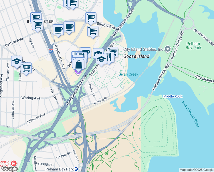 map of restaurants, bars, coffee shops, grocery stores, and more near 10A Earhart Lane in The Bronx