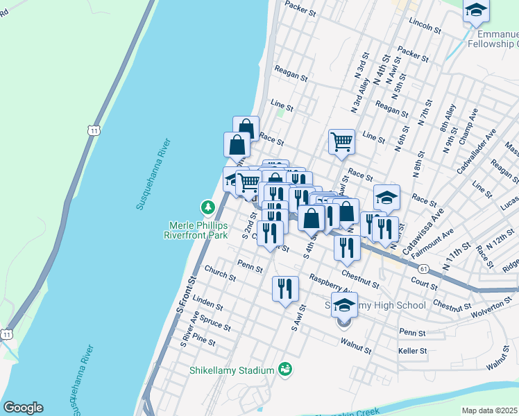 map of restaurants, bars, coffee shops, grocery stores, and more near 207 Market Street in Sunbury