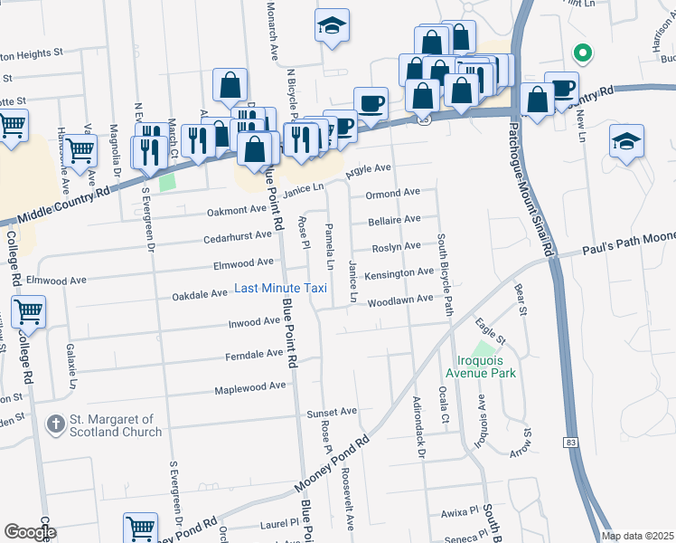 map of restaurants, bars, coffee shops, grocery stores, and more near 31 Pamela Lane in Selden