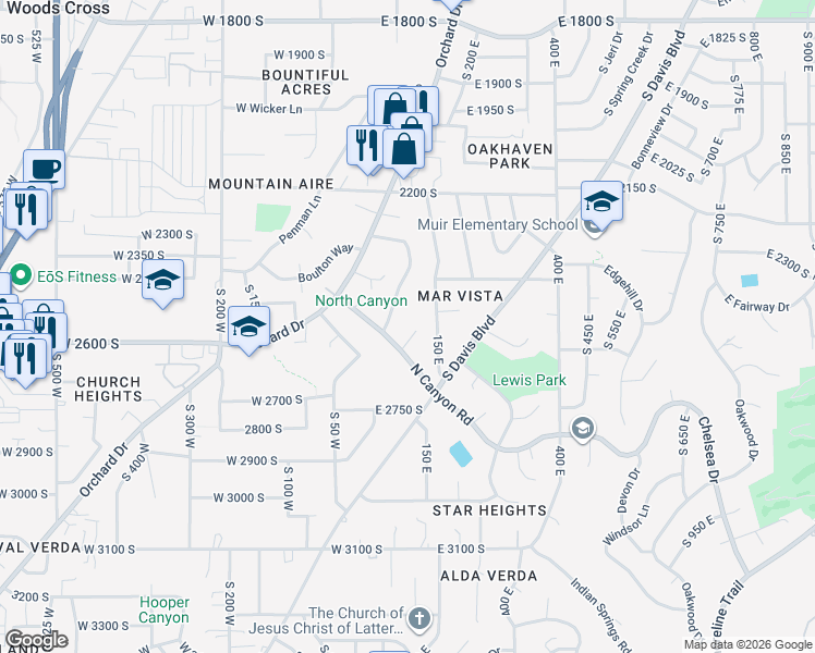 map of restaurants, bars, coffee shops, grocery stores, and more near 48E North Canyon Road in Bountiful
