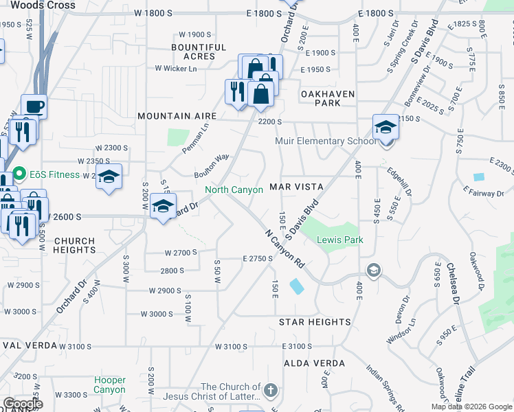 map of restaurants, bars, coffee shops, grocery stores, and more near 48E North Canyon Road in Bountiful