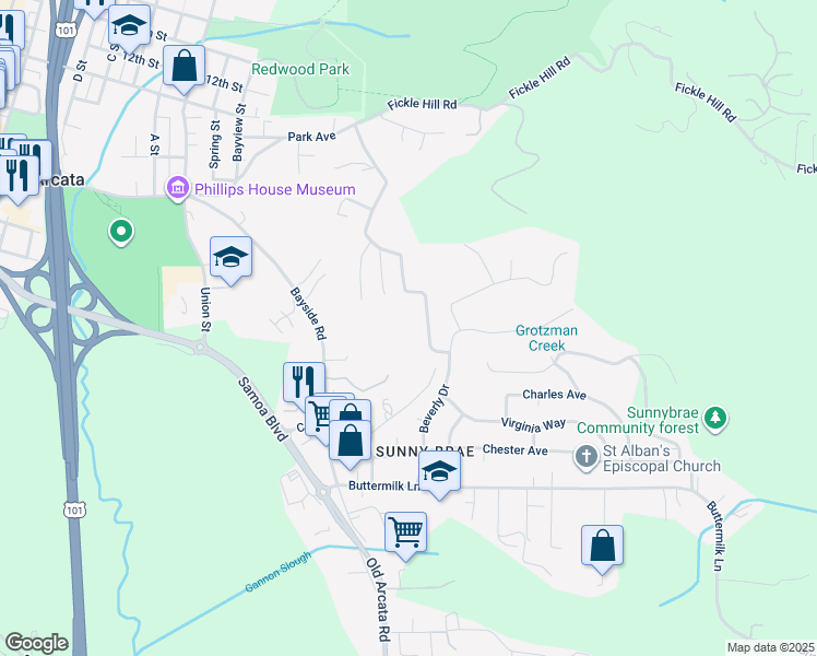 map of restaurants, bars, coffee shops, grocery stores, and more near 500 Grotzman Road in Arcata