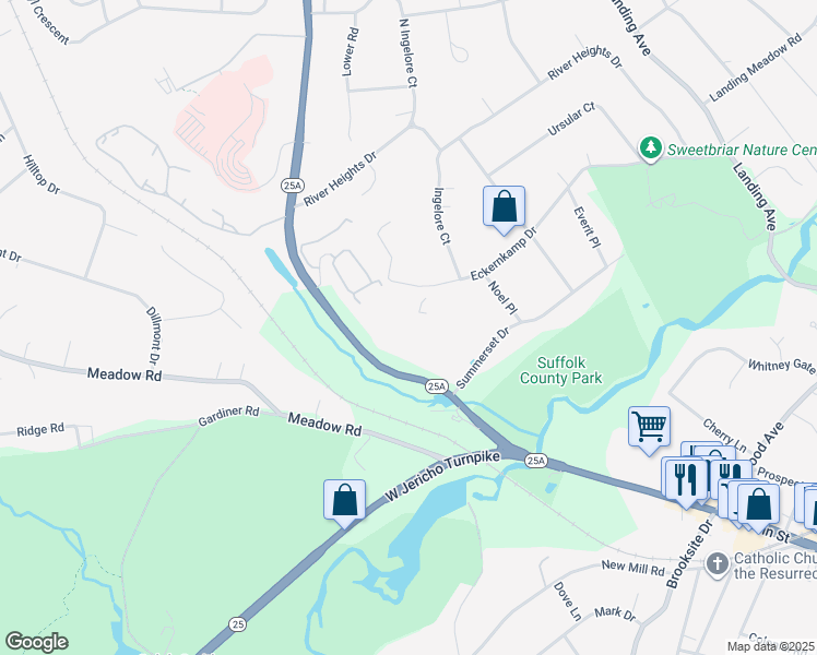map of restaurants, bars, coffee shops, grocery stores, and more near 7 Highway 25A in Smithtown