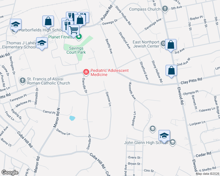 map of restaurants, bars, coffee shops, grocery stores, and more near 131 Darrow Lane in Greenlawn