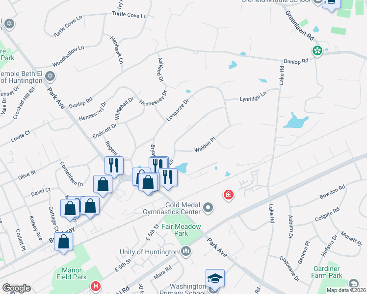 map of restaurants, bars, coffee shops, grocery stores, and more near 6 Walden Place in Huntington