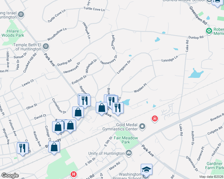 map of restaurants, bars, coffee shops, grocery stores, and more near 5 Bryant Drive in Huntington