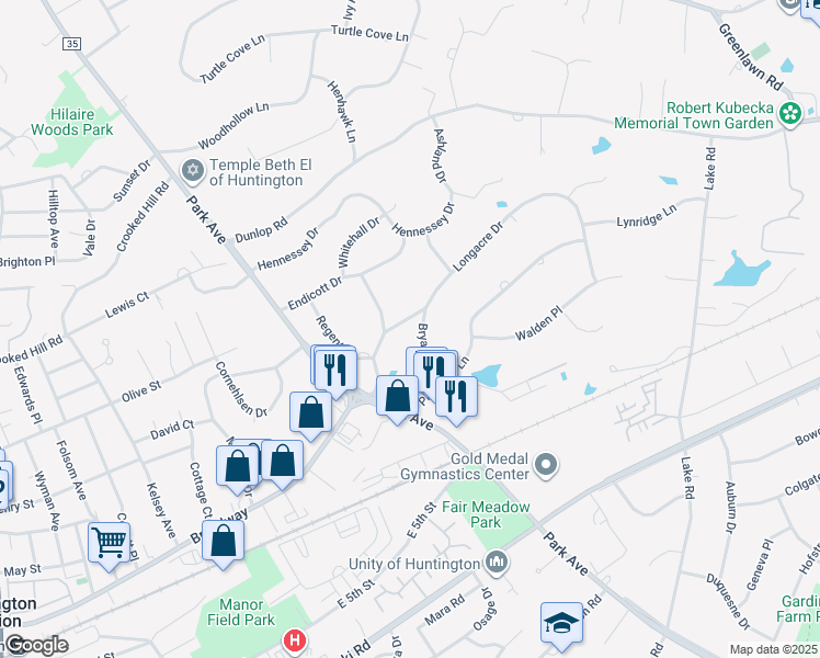 map of restaurants, bars, coffee shops, grocery stores, and more near 5 Bryant Drive in Huntington