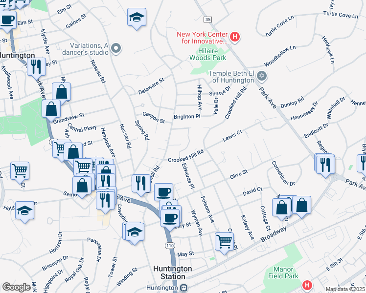 map of restaurants, bars, coffee shops, grocery stores, and more near 35 Crooked Hill Road in Huntington