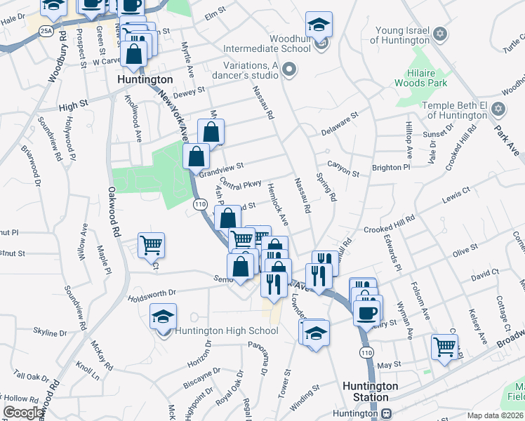 map of restaurants, bars, coffee shops, grocery stores, and more near 58 Bayberry Drive in Huntington
