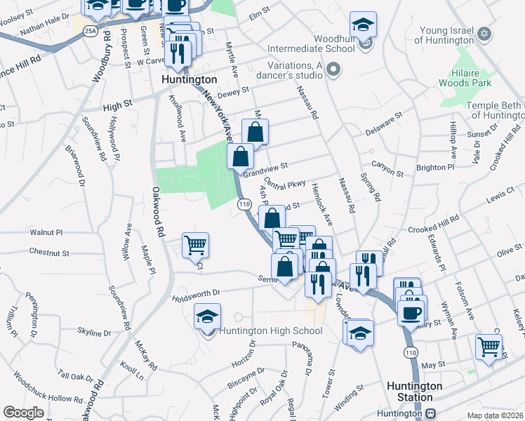map of restaurants, bars, coffee shops, grocery stores, and more near 22 Bayberry Drive in Huntington