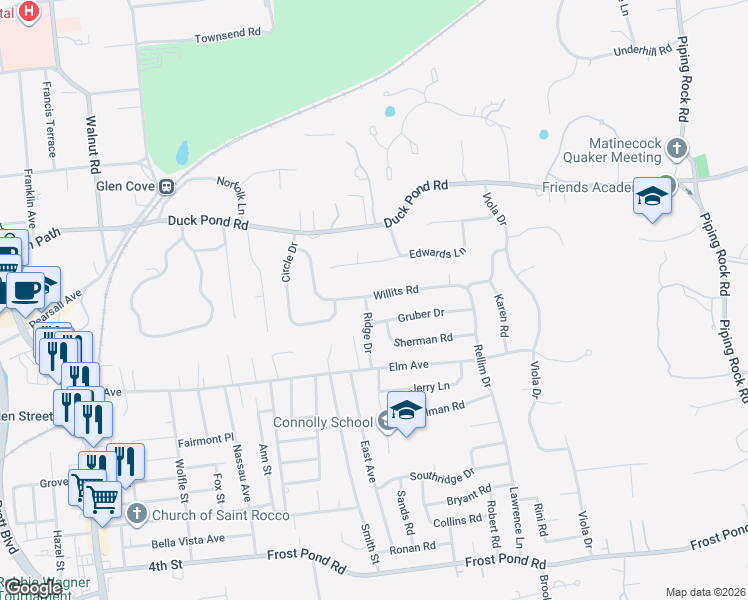 map of restaurants, bars, coffee shops, grocery stores, and more near 8 Ridge Drive in Glen Cove