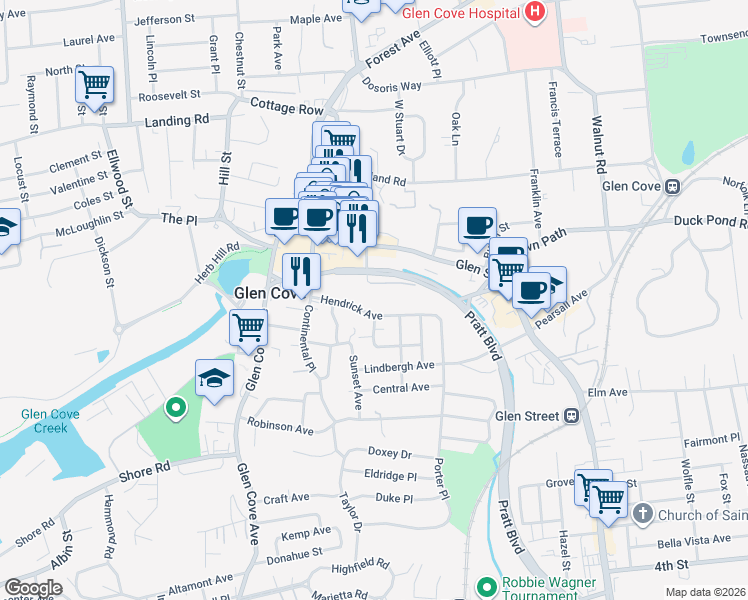 map of restaurants, bars, coffee shops, grocery stores, and more near 1 Petite Place in Glen Cove