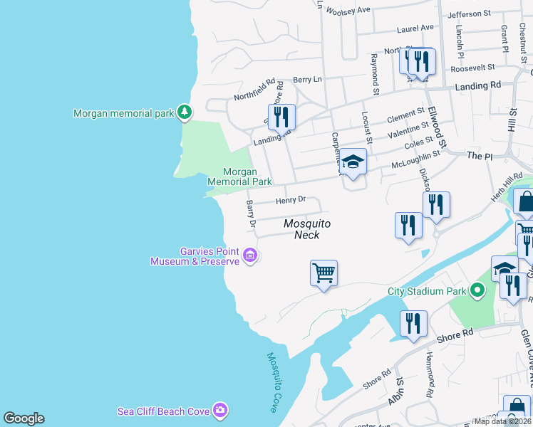map of restaurants, bars, coffee shops, grocery stores, and more near 14 Jerome Drive in Glen Cove