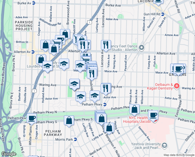map of restaurants, bars, coffee shops, grocery stores, and more near 1061 Waring Avenue in Bronx
