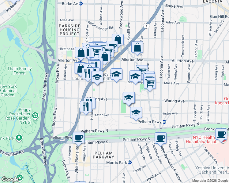 map of restaurants, bars, coffee shops, grocery stores, and more near 817 Waring Avenue in Bronx