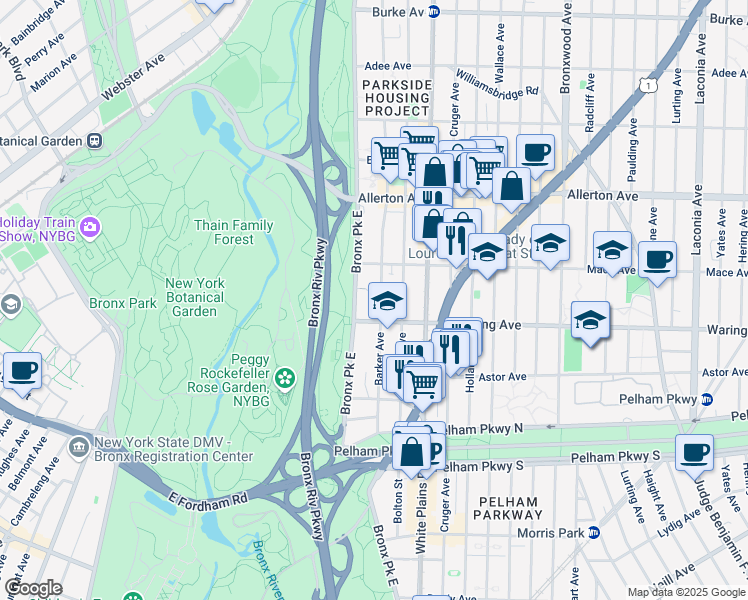 map of restaurants, bars, coffee shops, grocery stores, and more near 651 Waring Avenue in Bronx
