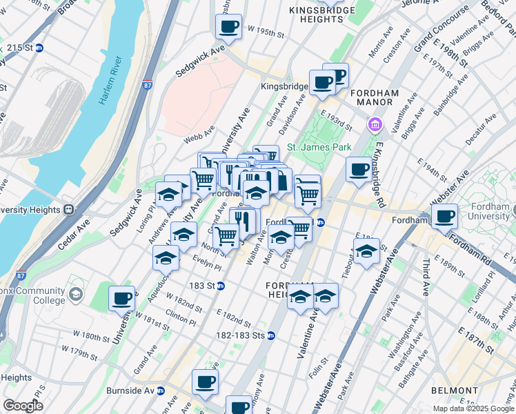 map of restaurants, bars, coffee shops, grocery stores, and more near 2411 Jerome Avenue in Bronx
