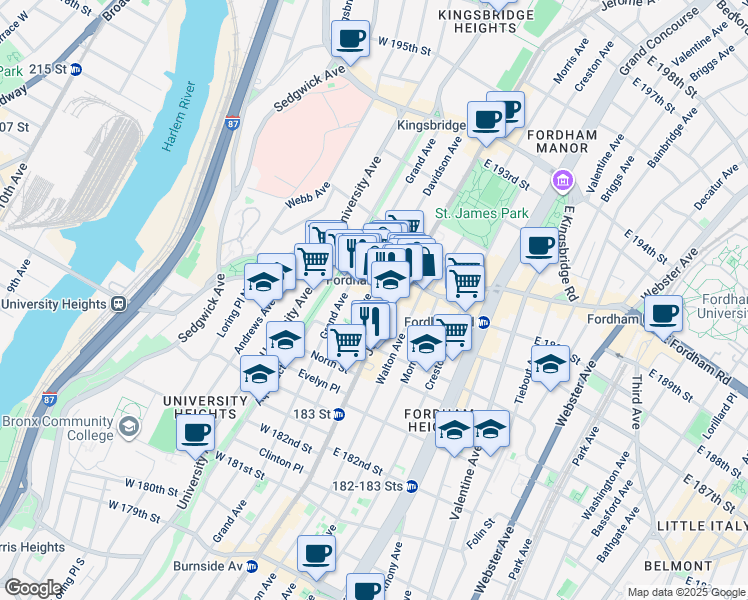 map of restaurants, bars, coffee shops, grocery stores, and more near 2411 Jerome Avenue in Bronx