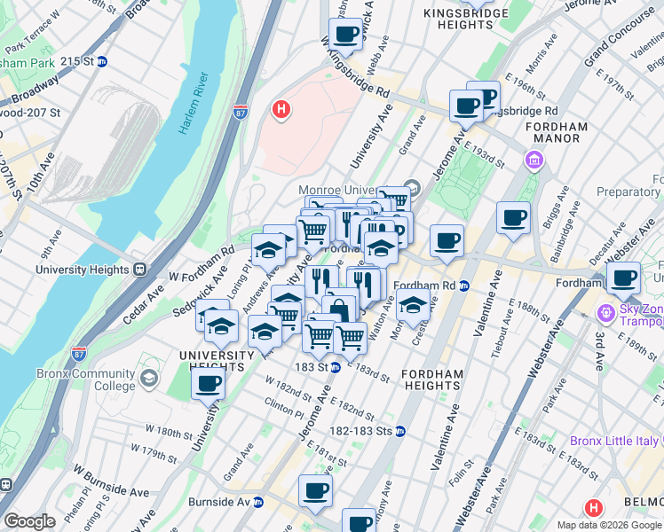 map of restaurants, bars, coffee shops, grocery stores, and more near 2391 Davidson Avenue in Bronx