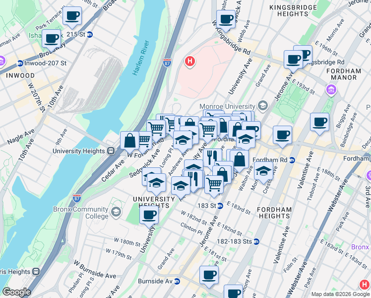 map of restaurants, bars, coffee shops, grocery stores, and more near 2315 University Avenue in The Bronx