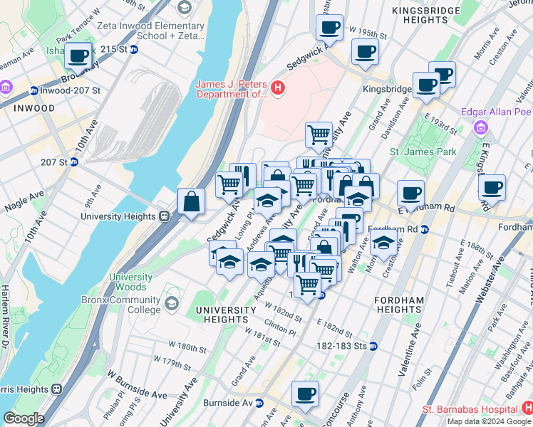 map of restaurants, bars, coffee shops, grocery stores, and more near 2315 University Avenue in The Bronx