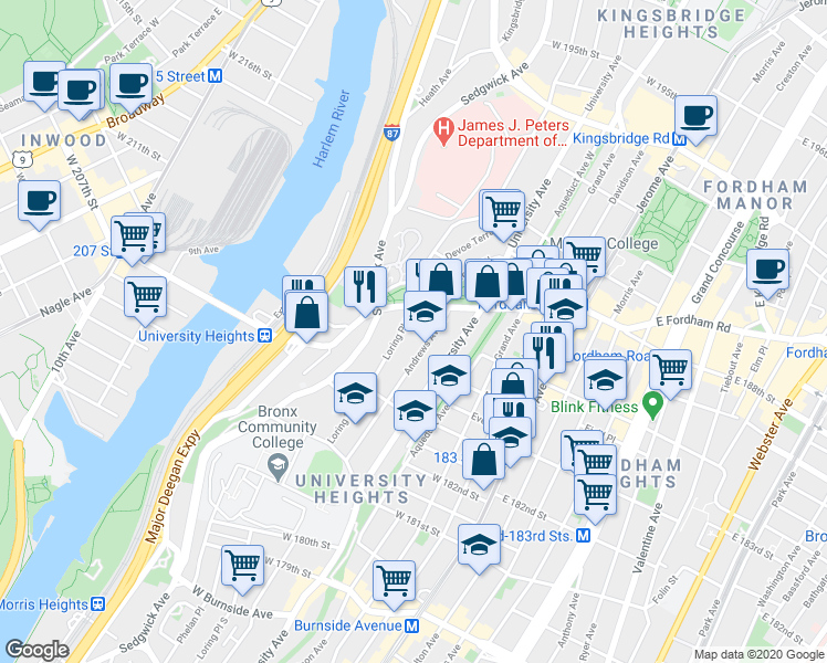 map of restaurants, bars, coffee shops, grocery stores, and more near 2300 Loring Place North in Bronx