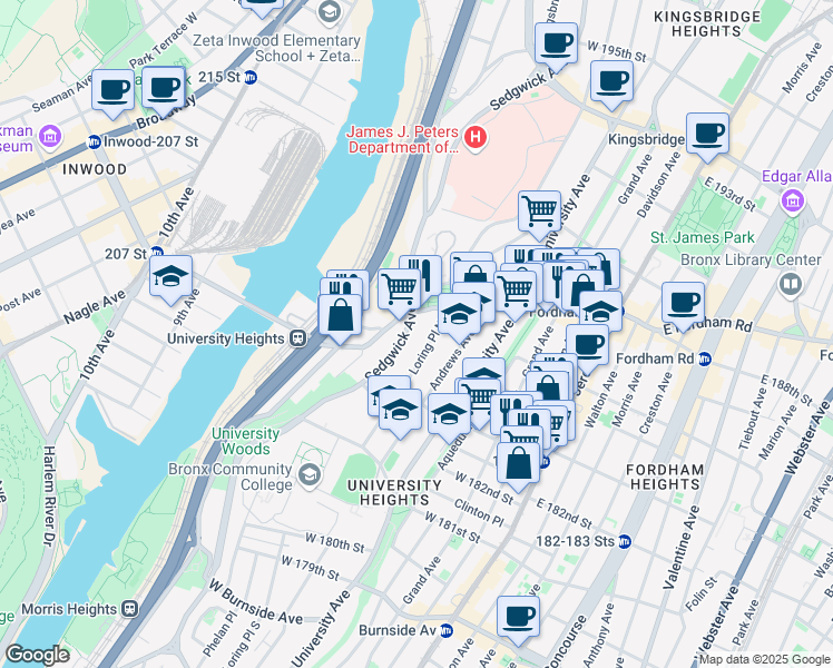 map of restaurants, bars, coffee shops, grocery stores, and more near 236 West Fordham Road in The Bronx
