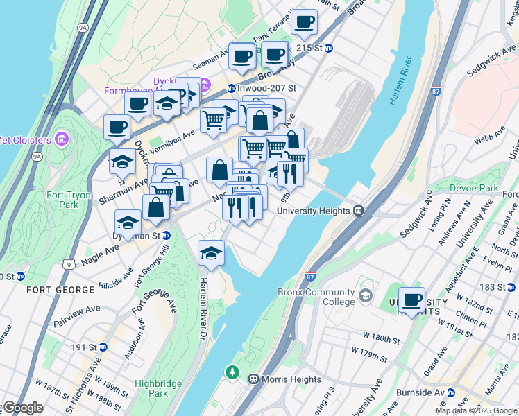map of restaurants, bars, coffee shops, grocery stores, and more near 432 West 203rd Street in New York