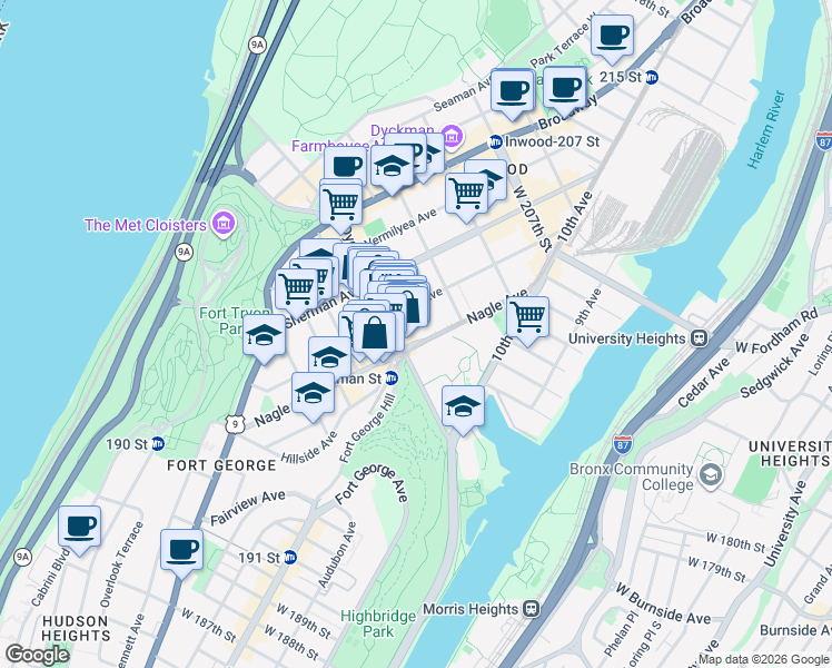 map of restaurants, bars, coffee shops, grocery stores, and more near in New York