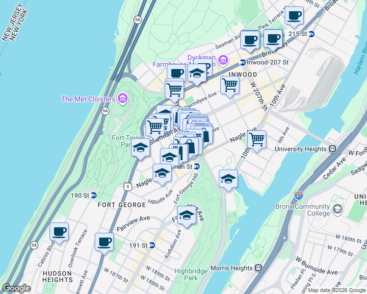 map of restaurants, bars, coffee shops, grocery stores, and more near 2 Thayer Street in New York