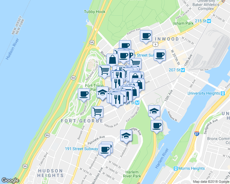 map of restaurants, bars, coffee shops, grocery stores, and more near 87-89 Ellwood Street in New York