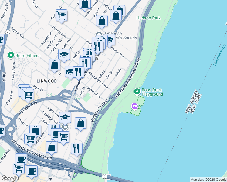 map of restaurants, bars, coffee shops, grocery stores, and more near Palisades Interstate Parkway in Fort Lee