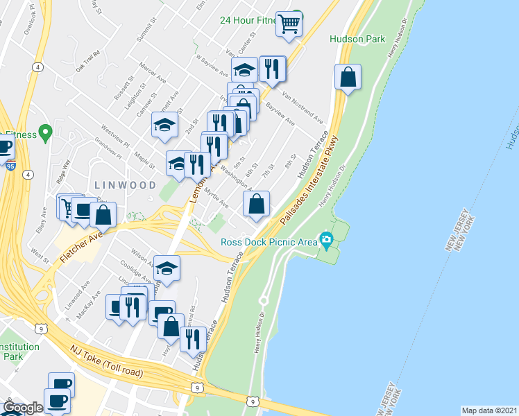 map of restaurants, bars, coffee shops, grocery stores, and more near 2369 Hudson Terrace in Fort Lee