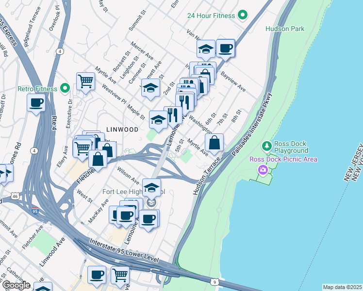 map of restaurants, bars, coffee shops, grocery stores, and more near 2300 6th Street in Fort Lee