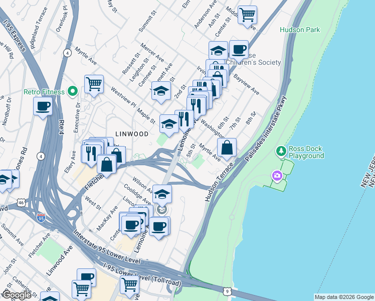 map of restaurants, bars, coffee shops, grocery stores, and more near 2325 5th Street in Fort Lee