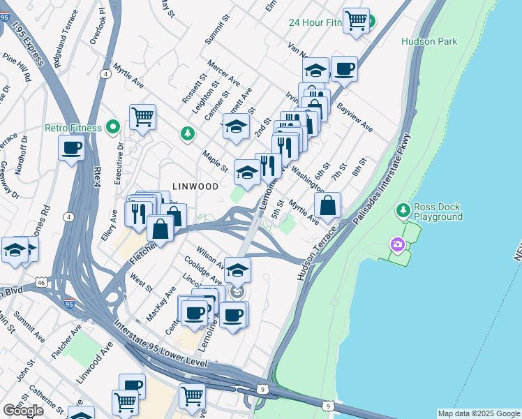 map of restaurants, bars, coffee shops, grocery stores, and more near 2325 5th Street in Fort Lee