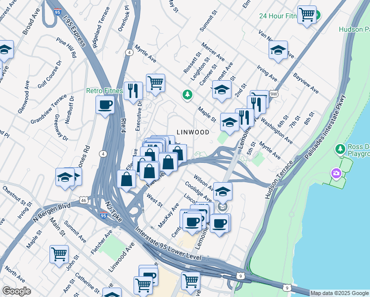 map of restaurants, bars, coffee shops, grocery stores, and more near 400 Park Place in Fort Lee