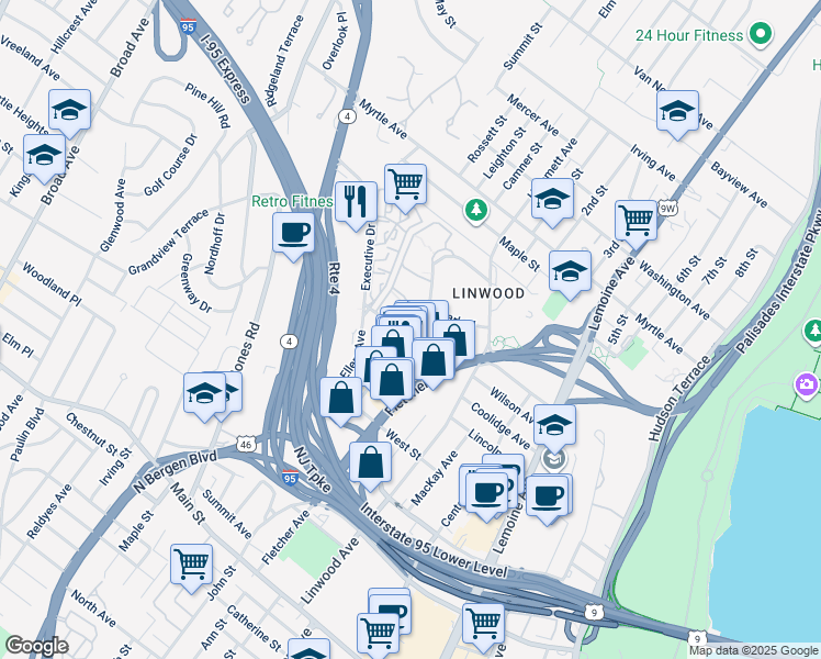map of restaurants, bars, coffee shops, grocery stores, and more near 3020 Edwin Avenue in Fort Lee