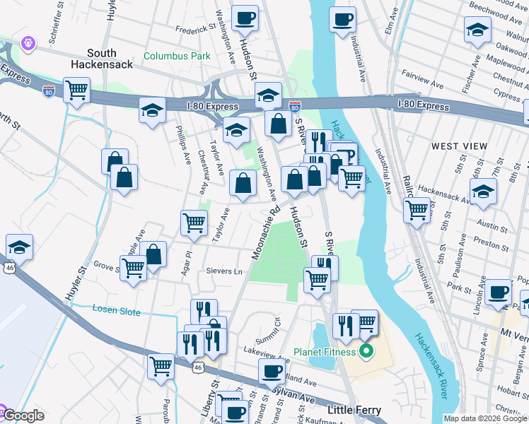 map of restaurants, bars, coffee shops, grocery stores, and more near 28 Jackson Avenue in South Hackensack