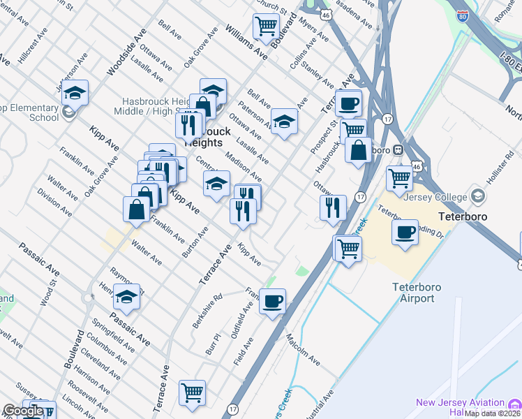 map of restaurants, bars, coffee shops, grocery stores, and more near 12 Michigan Avenue in Hasbrouck Heights