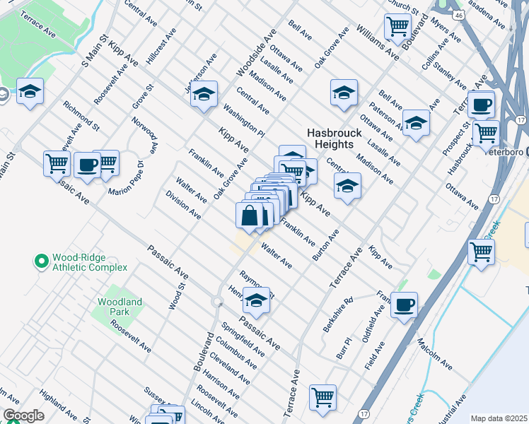 map of restaurants, bars, coffee shops, grocery stores, and more near 203 Boulevard in Hasbrouck Heights