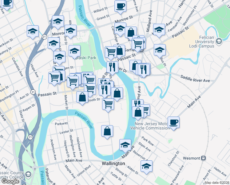 map of restaurants, bars, coffee shops, grocery stores, and more near 109 10th Street in Passaic