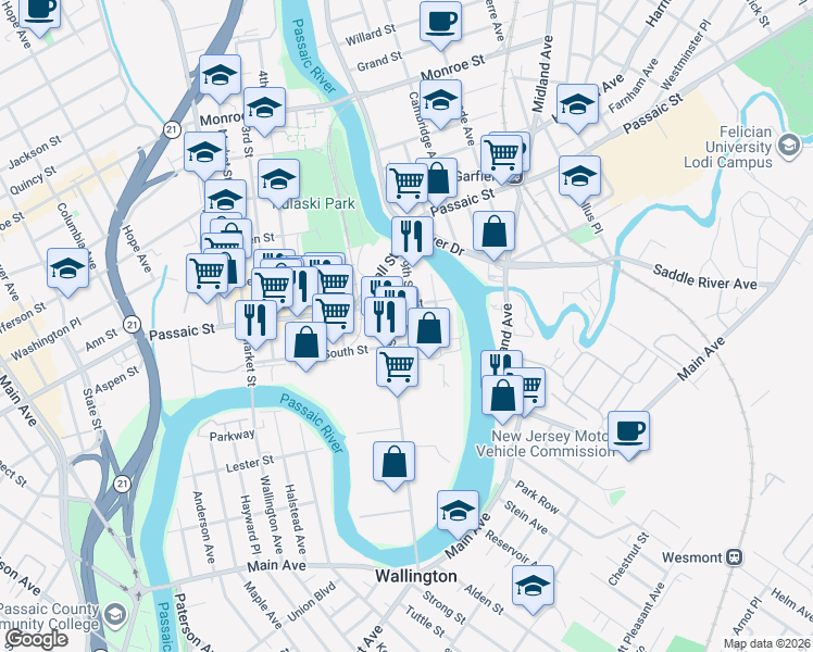 map of restaurants, bars, coffee shops, grocery stores, and more near 163 8th Street in Passaic