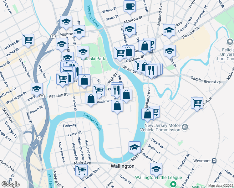 map of restaurants, bars, coffee shops, grocery stores, and more near 163 8th Street in Passaic