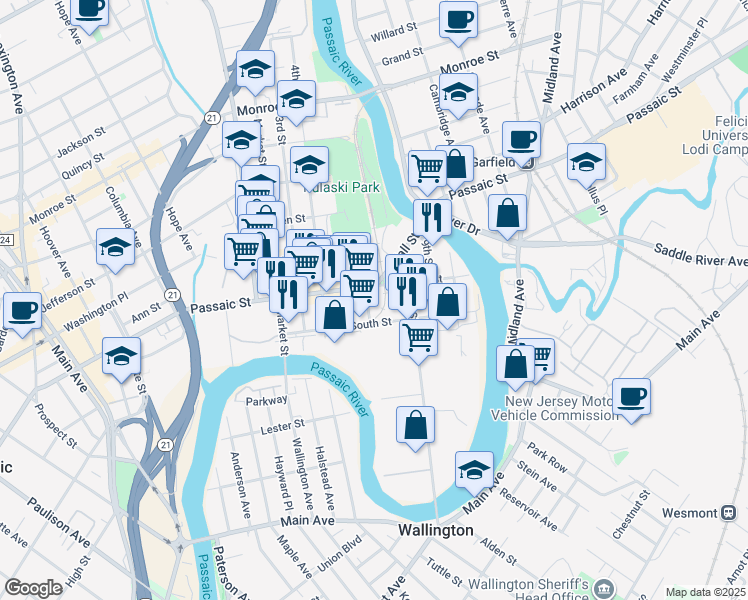 map of restaurants, bars, coffee shops, grocery stores, and more near 80 South Street in Passaic